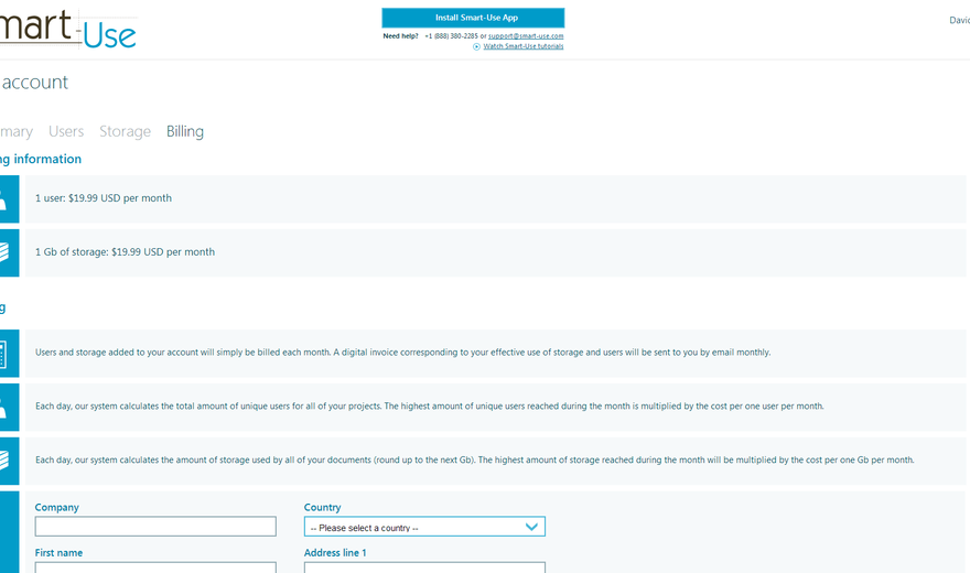 Smart-Use - Page de billing du client